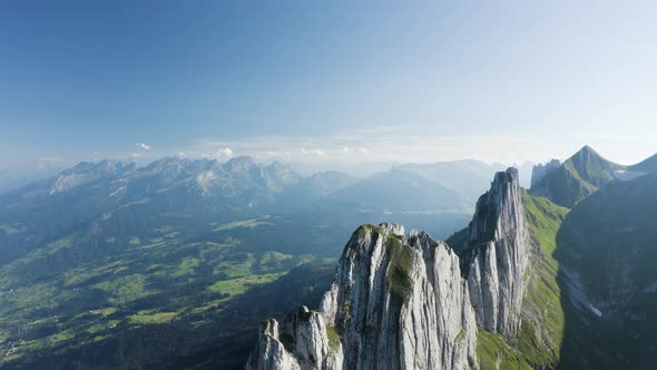 Aerial view of a mountain peak on Swiss Alps, Sax, St. Gallen, Switzerland.