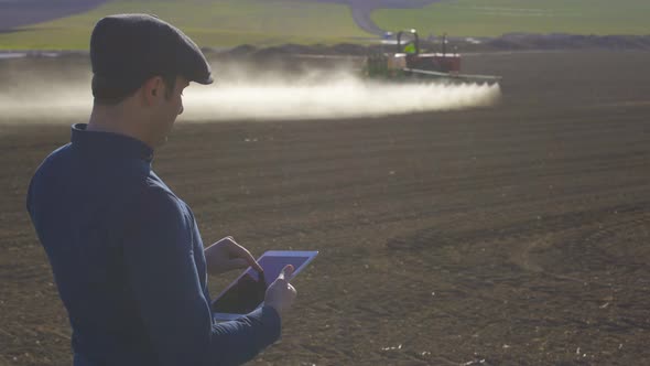 Tractor agrochemical and modern farmer.