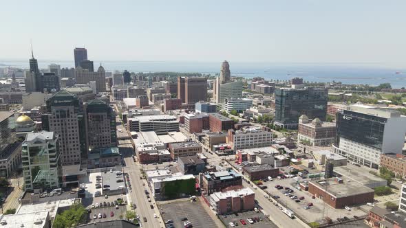 Buffalo, New York skyline drone videoing down.