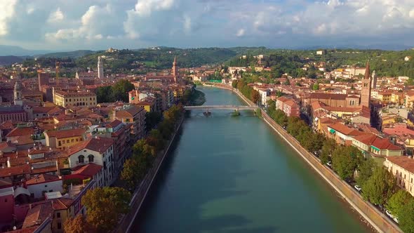 Verony Italy Skyline Aerial Footage in . View of Riva and Bridge in Verona City. Left Side Old Town