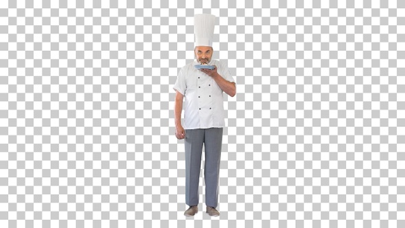 Mature chef cook or baker holds plate, Alpha Channel