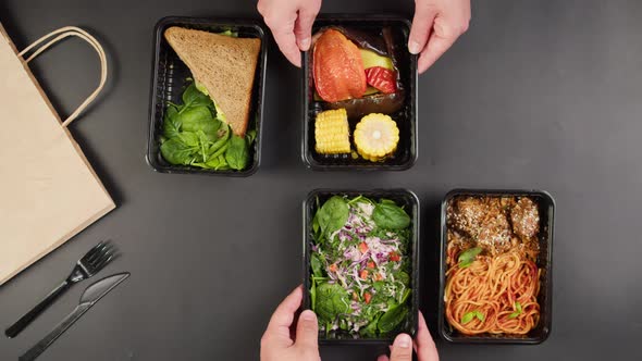 Take Away Meals Top View Food Delivery in Disposable Containers Balanced Nutrition