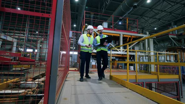 Workers Check Factory Machine in a Facility.