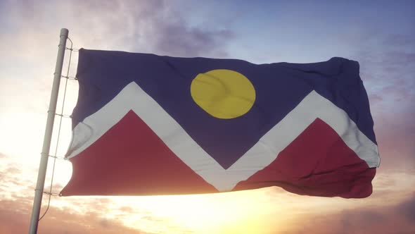 Denver City of Colorado Flag Waving in the Wind Sky and Sun Background