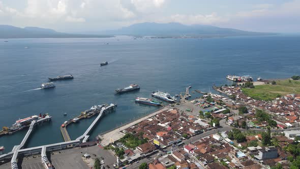 Aerial view of Port in Banyuwangi Indonesia with ferry in Bali Ocean