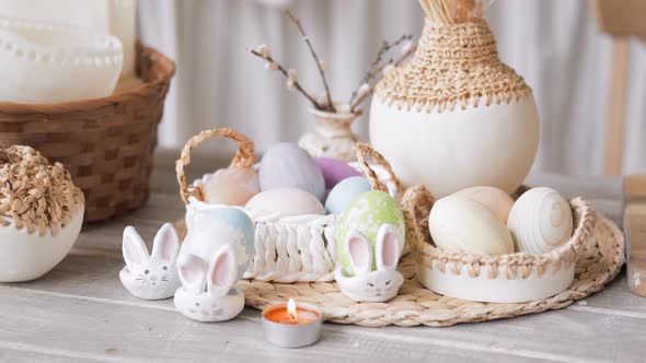 Happy Easter Design Interior Preparation for Easter Holiday Easter Bunny Easter Eggs on Table Boho