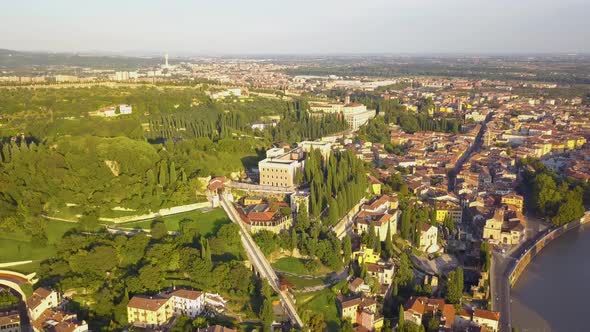 Panorama of Verona historical city centre,bridges across Adige river.Castel San Pietro,bridge Pietra