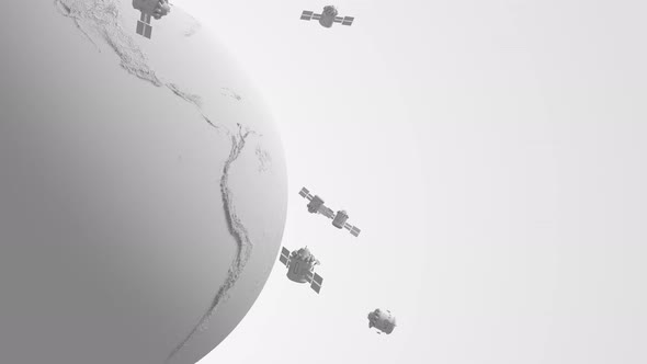 global satellite system in light gray style LEO communications satellite flies around the globe.