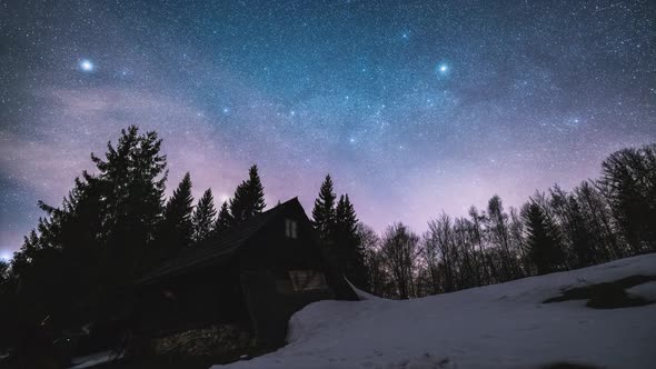 Magic Night Sky Stars Milky Way Galaxy above Wooden Hut in Wild Nature