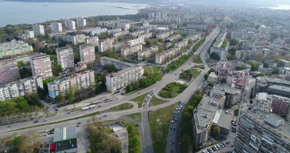 Aerial view of street traffic of the city center.  Urban Landscape. 4K video. Varna, Bulgaria
