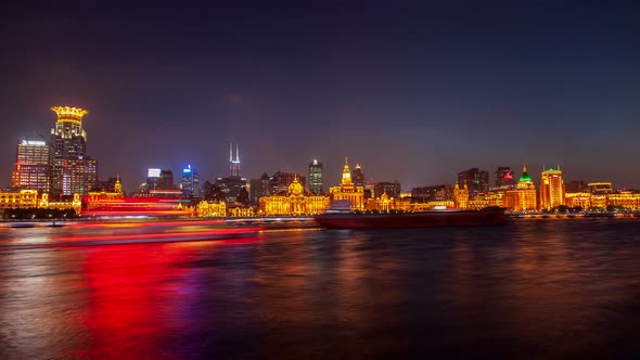 Huangpu Ships Against Bund of Shanghai in China Timelapse