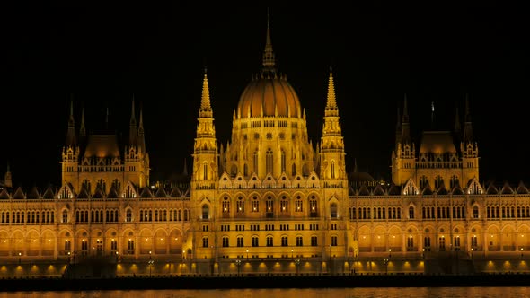 National Parliament building details  in Budapest and river Danube by the night 4K 2160p UltraHD foo