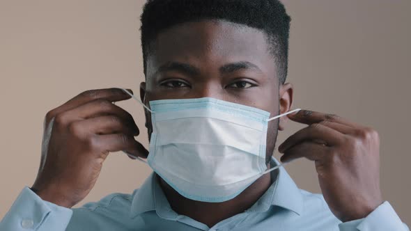 Close Up Male African Businessman American Adult Man Put Medical Mask on Face Protect Individual