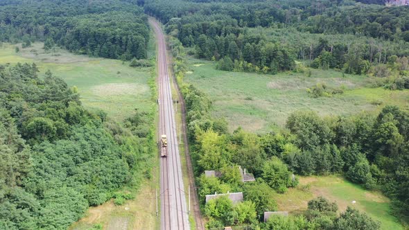Aerial drone of a train in Klevan of Rivne Oblast Ukraine. Filmed on a summer day in August 2021