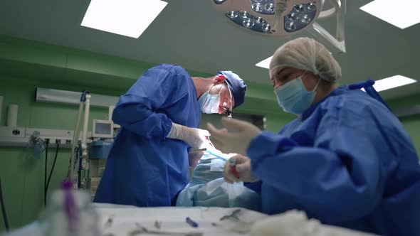 Concentrated Doctor Cutting Stitches with Operating Scissors As Blurred Nurse Preparing Syringe with