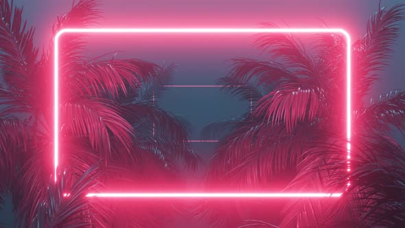 Retrowave Glowing Rectangle Frame Appears in the Tropical Palm Tree Zoom in