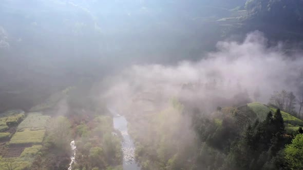 Aerial Photography Of Huangshan Countryside Winding Rivers And Clouds