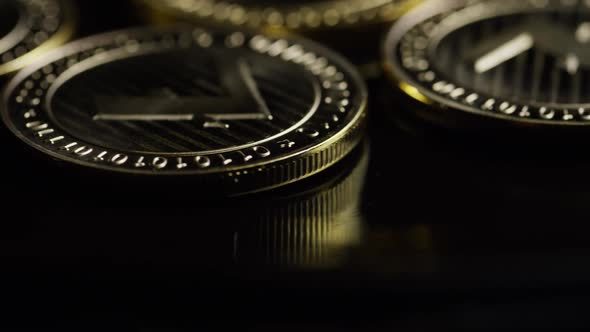 Rotating shot of Bitcoins (digital cryptocurrency) - LITECOIN