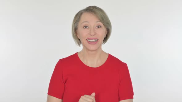 Old Woman Talking on Online Video Call on White Background