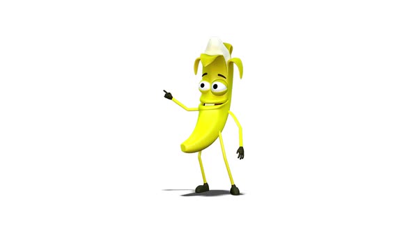 Banana Presenter And Points With Hand on White Background