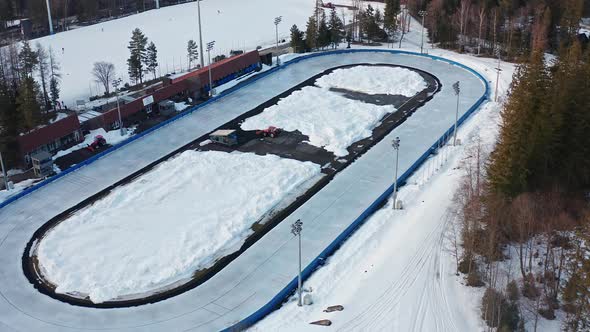 Artificially Frozen Skating Track On Snowy Landscape In Zakopane, Poland During Winter. COS Zakopane