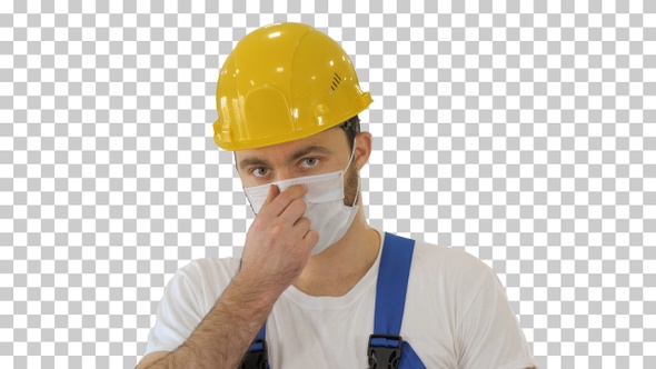 Ware the mask! Masked construction man in hardhat, Alpha Channel