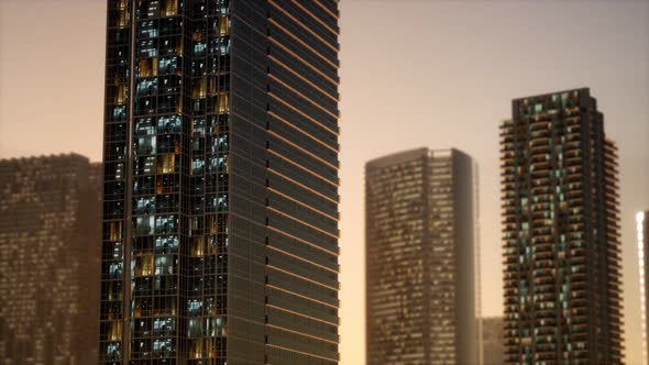 Sunset Aerial Shot of Skyscrapers of Business Centre alt