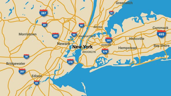 Animated map of New York with route numbers