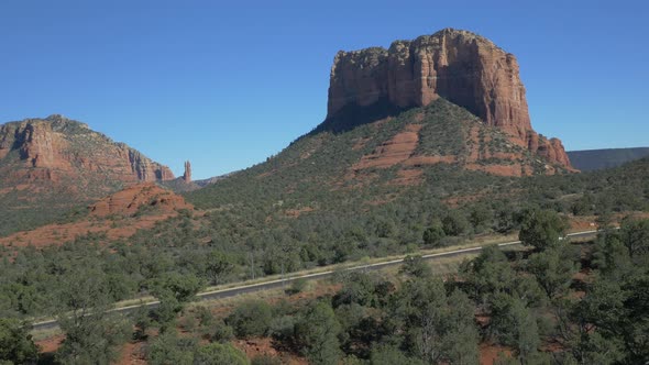 Aerial view of Courthouse Butte and a road