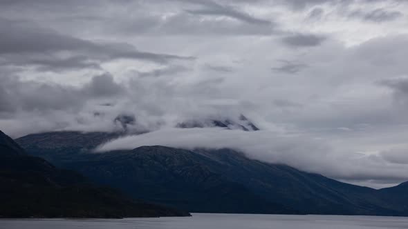 Time Lapse. View of Scenic Lake and Mountains on Cloudy Morning