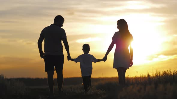 Happy Family Parents and Little Son Silhouettes Playing on Park