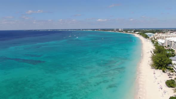 Aerial footage of famous Seven Mile Beach, Grand Cayman, Cayman Islands