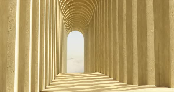 3d rendering. Path under concrete arches in desert.