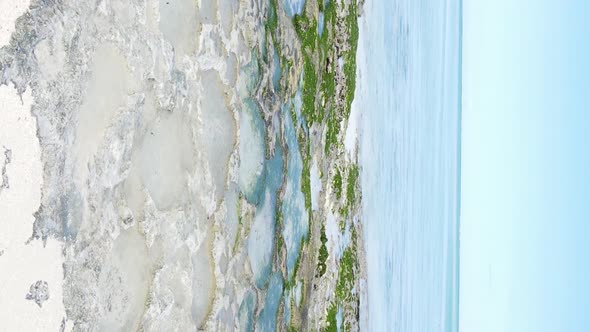 Vertical Video of Low Tide in the Ocean Near the Coast of Zanzibar Tanzania Aerial View