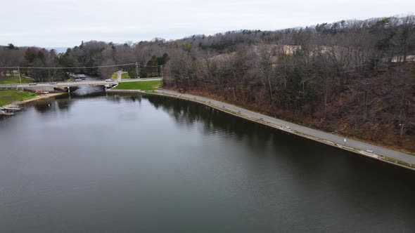 The bridge at Mona Lake in Lake Harbor Park via Drone.