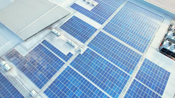 Aerial view of the solar panels on the roof of a shopping mall