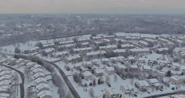 Amazing Aerial with Small Town USA Main Street Hometown the After Snowfall Severe Winter Weather