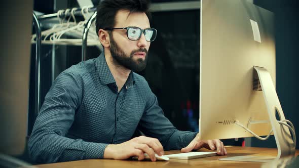 Businessman Brainstorm In Office Project. Man With Computer Overtime Deadline Working In Internet.
