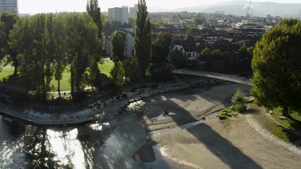 Aerial flying sideways showing beautiful Birsköpfli and the Rhine , Basel, Switzerland