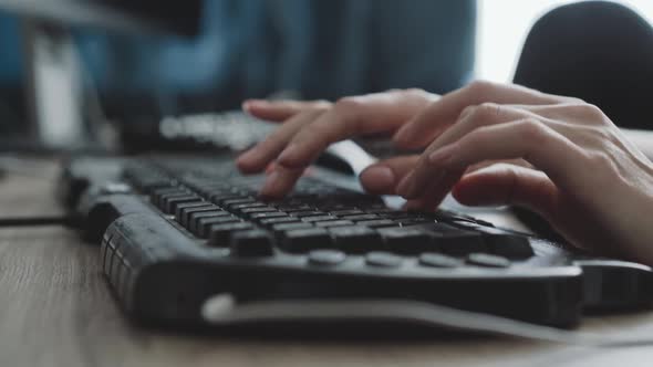 Female Hands Typing Fast on Keyboard on Blurred Background