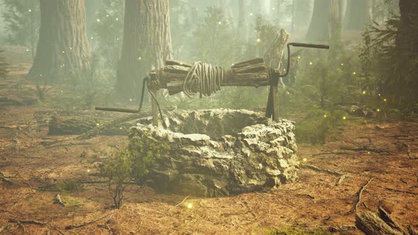 Old Stone Draw Well in the Forest with Fog