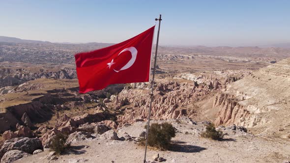 Flag of Turkey in Cappadocia. Aerial View