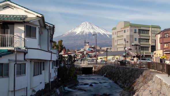 Town Cottage Houses Against Mount Fuji Timelapse
