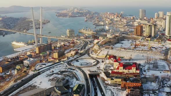 Aerial View of the Snowcovered Transport Ring in Winter at Sunrise