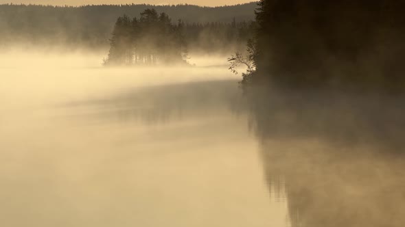 Nature of Finland. Foggy Lake in the Morning. Wonderful Place for Fishing. Mystical Lighting. UHD