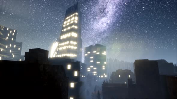 City Skyscrapes at Night with Milky Way Stars