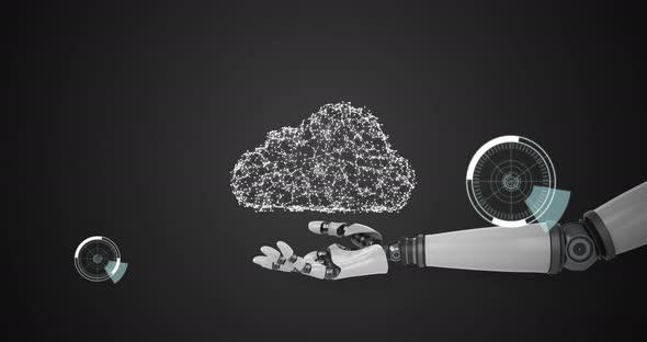 Robotic hands holding a virtual lock and shield with 5G in circles 4k alt