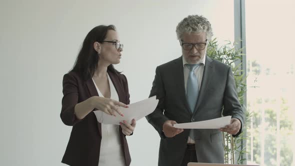 Grey Haired Male Boss Giving Documents To Assistant