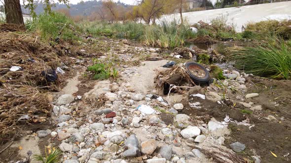 Aerial shot of trash In Los Angeles River