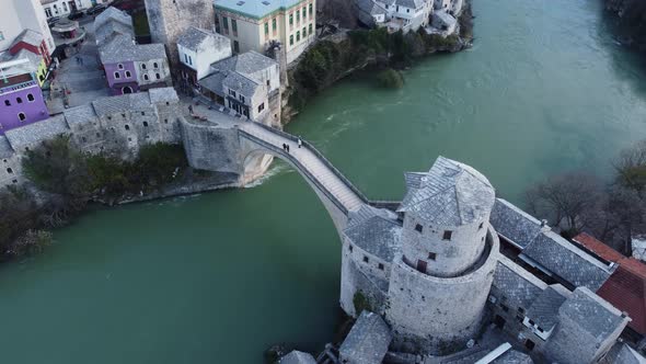 Aerial Drone View Of City Of Old Bridge And Neretva River In Mostar 4K